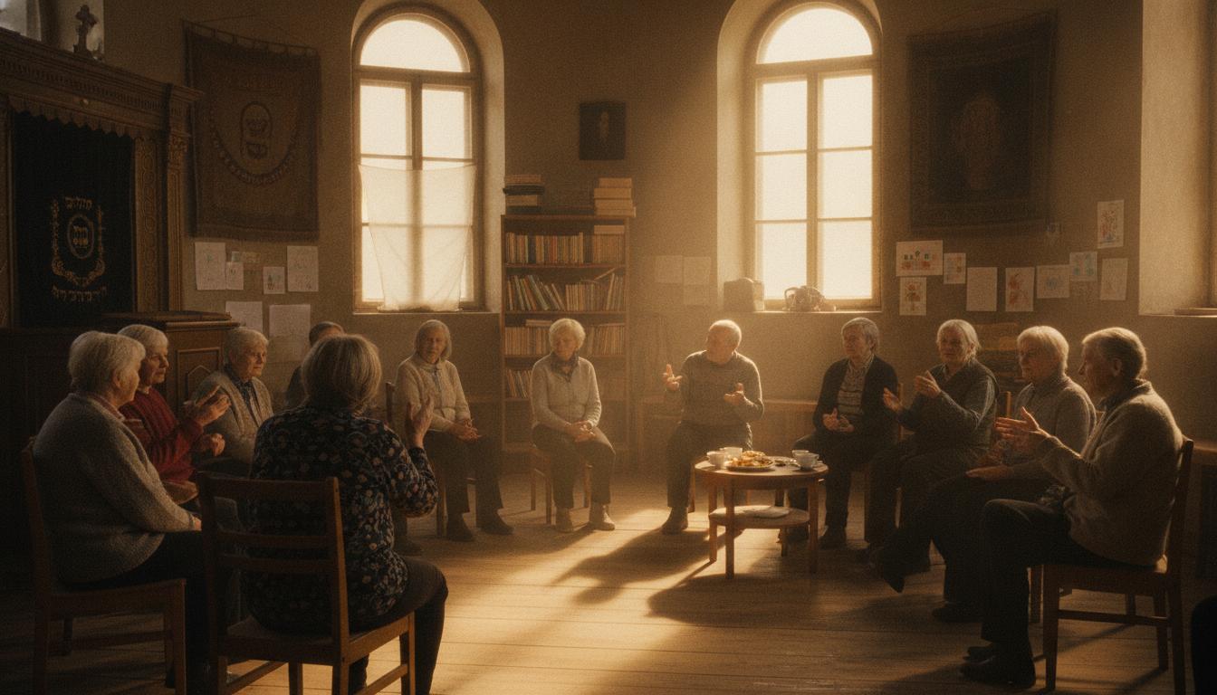 Elderly residents sharing stories in a former synagogue